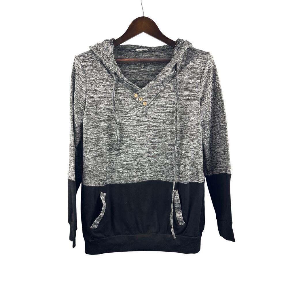 Women’s Valolia Large Grey & Black Colorblock Hoodie w/ Brown Buttons